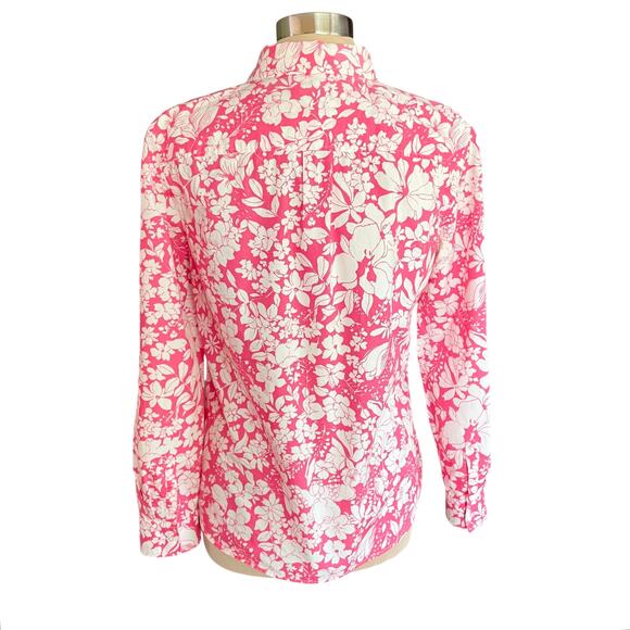 Talbots Pink White Floral Print Button Up Shirt Sz 10 Long Sleeves Crisp Cotton - Picture 5 of 10